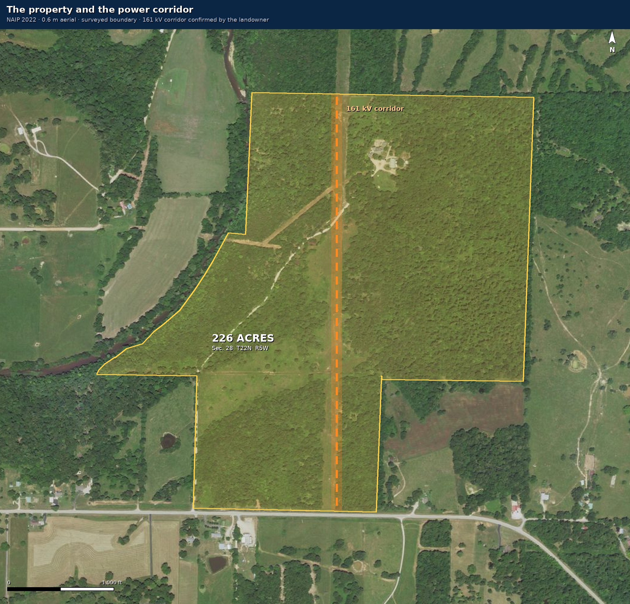 Aerial photograph of the 226-acre property east of Thayer, with the surveyed boundary outlined in yellow and the 161 kV power corridor marked in orange running north to south through the middle of the property.