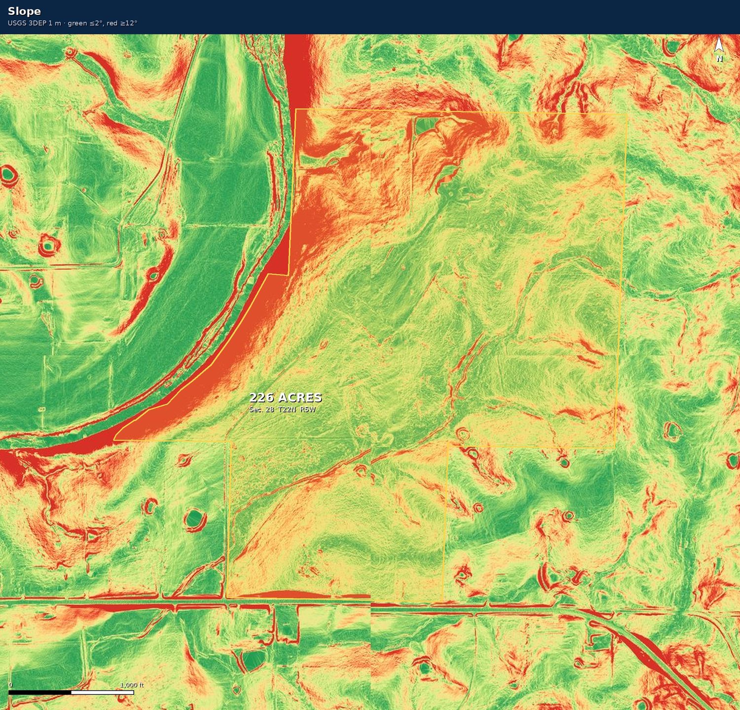 Slope map of the property, green for gentle slopes and red for steep.