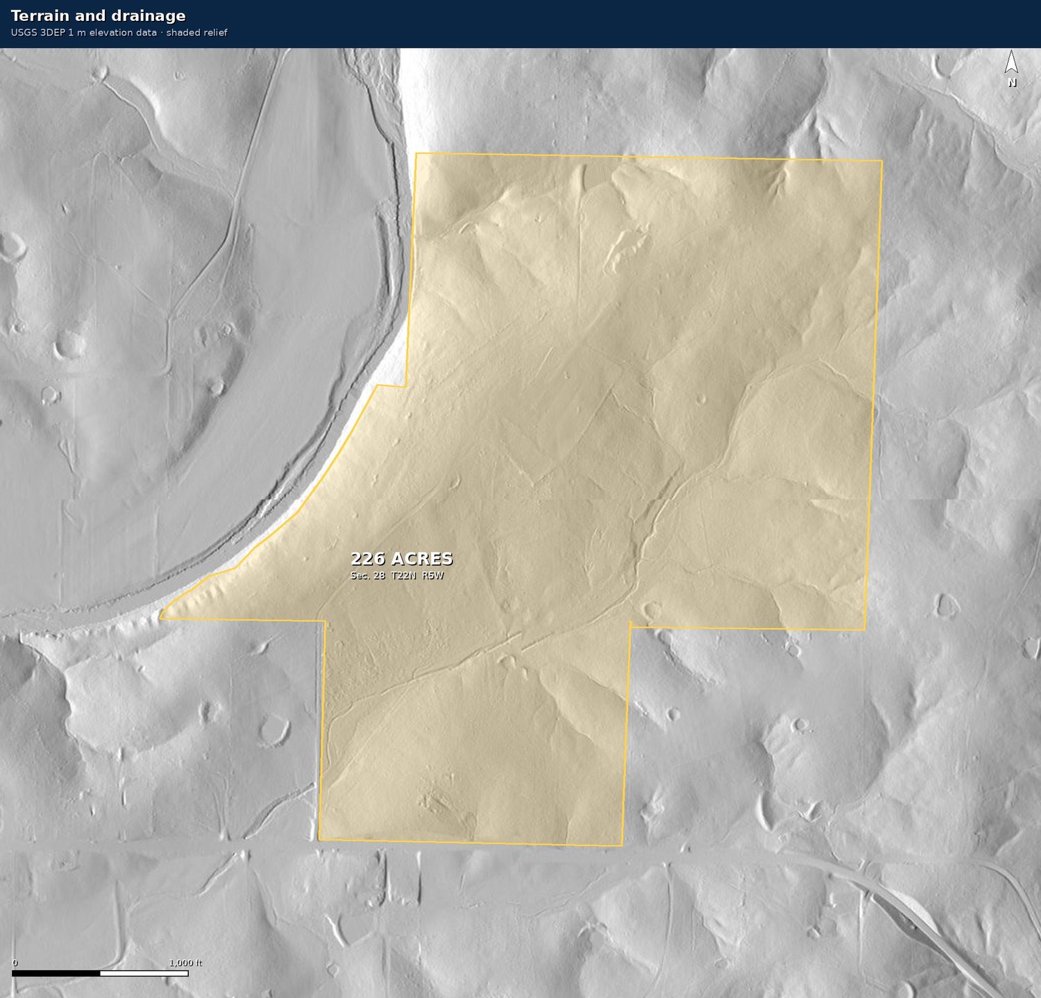 Shaded relief map of the property from USGS 3DEP one-metre elevation data.